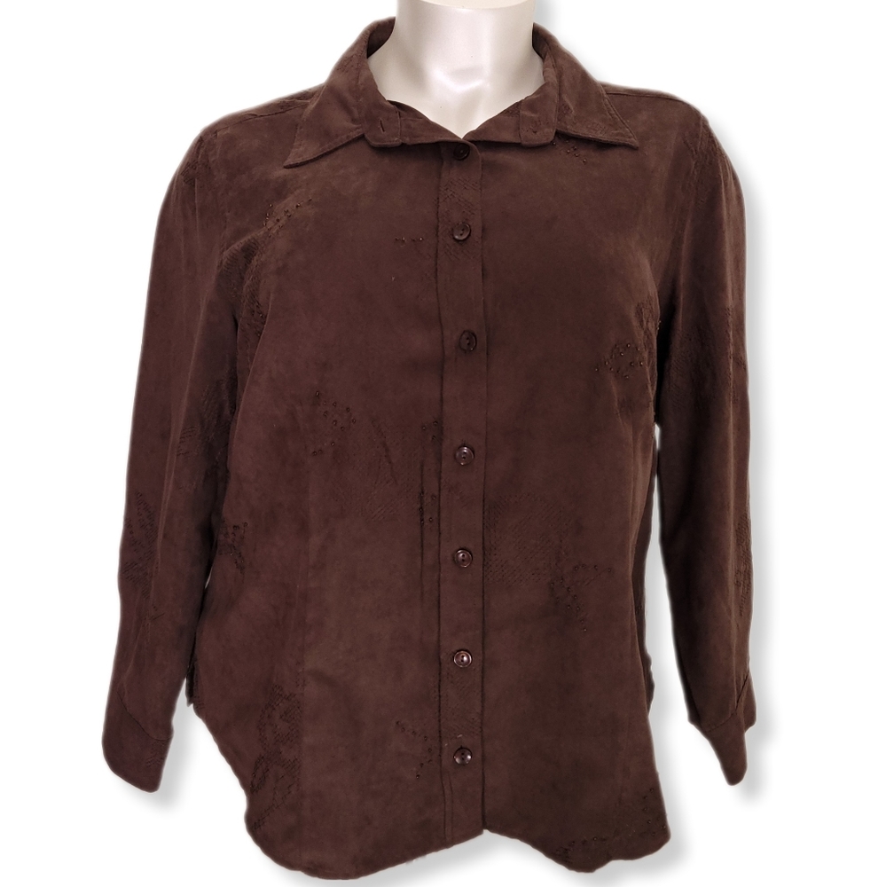 Norton McNaughton Womens 3X Shirt Brown Embroidered Button Front Faux Suede